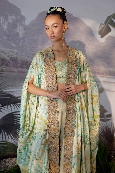 Mrunalini Rao_Green Dupion Silk Floral Blouse V Neck, Jacket Open Printed And Flared Pant Set_Online_at_Aza_Fashions