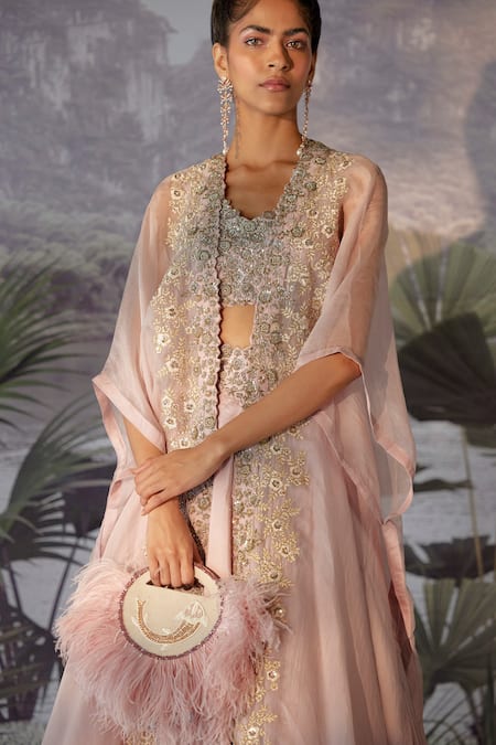 Mrunalini Rao_Pink Raw , Organza, Dupion Floral, Zardozi Embroidered And Skirt Set _Online_at_Aza_Fashions