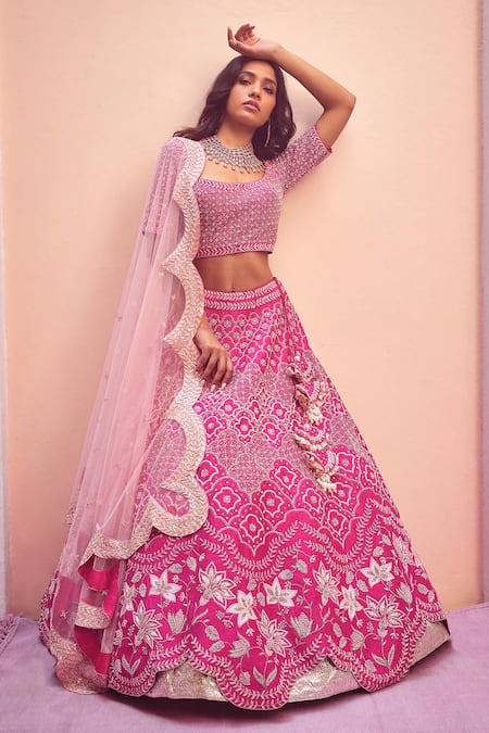 Mishru Pink Raw Silk U Neck Layered Lehenga Set 