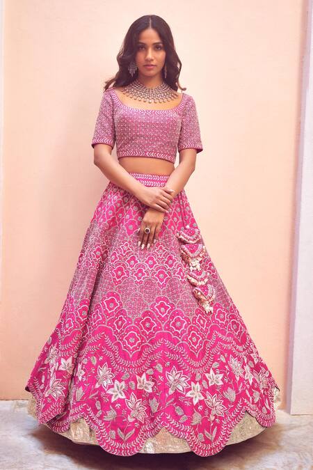 Mishru_Pink Raw Silk U Neck Layered Lehenga Set_Online_at_Aza_Fashions