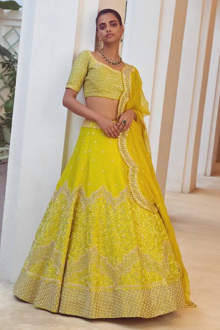 Mishru Green Raw Silk U Neck Embroidered Lehenga Set Online at Aza Fashions Mishru_Green Raw Silk U Neck Embroidered Lehenga Set_Online_at_Aza_Fashions