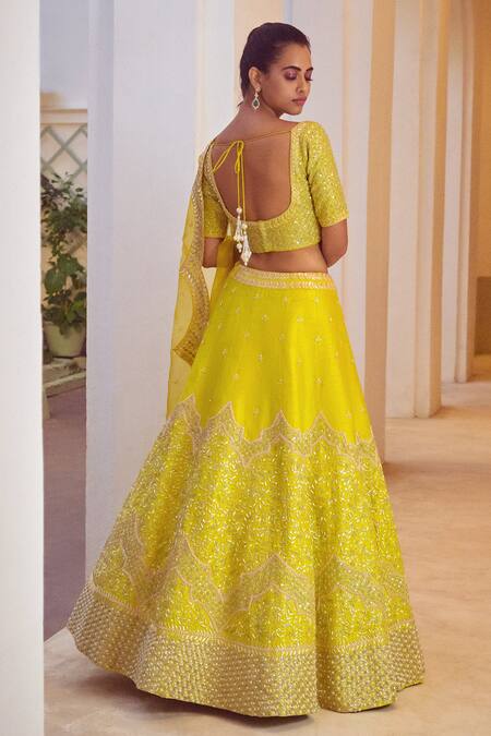 Shop Mishru Green Raw Silk U Neck Embroidered Lehenga Set at Aza Fashions Shop_Mishru_Green Raw Silk U Neck Embroidered Lehenga Set_at_Aza_Fashions