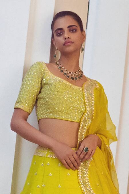 Buy Mishru Green Raw Silk U Neck Embroidered Lehenga Set Online at Aza Fashions Buy_Mishru_Green Raw Silk U Neck Embroidered Lehenga Set_Online_at_Aza_Fashions