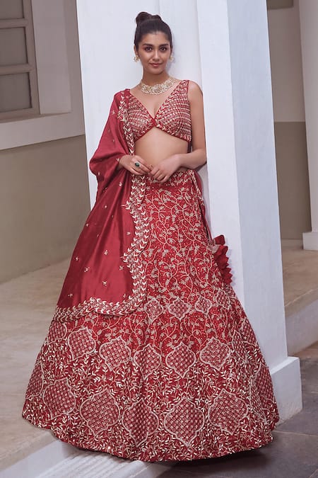 Mishru Red Raw Silk V Neck Embroidered Lehenga Set 