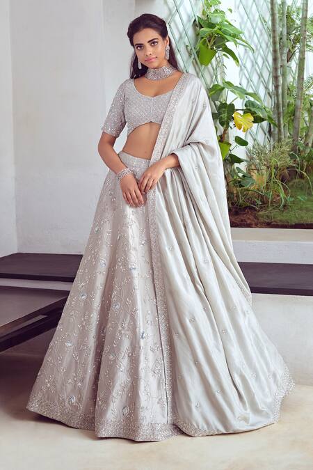 Buy Mishru Grey Tulle, Chanderi Leaf Neck Lehenga Set Online at Aza Fashions Buy_Mishru_Grey Tulle, Chanderi Leaf Neck Lehenga Set_Online_at_Aza_Fashions