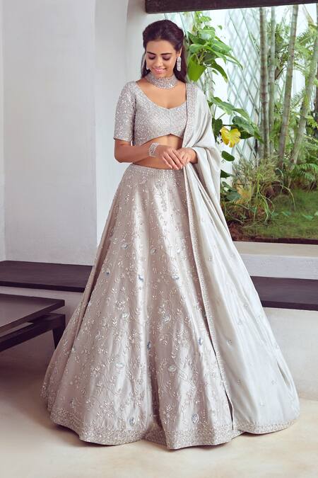Mishru Grey Tulle, Chanderi Leaf Neck Lehenga Set Online at Aza Fashions Mishru_Grey Tulle, Chanderi Leaf Neck Lehenga Set_Online_at_Aza_Fashions