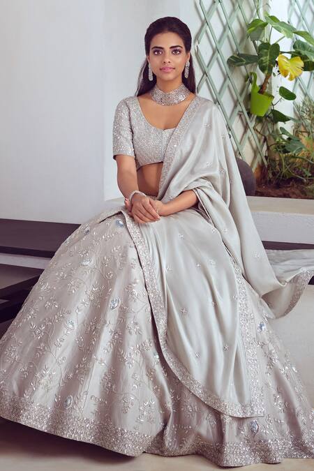 Shop Mishru Grey Tulle, Chanderi Leaf Neck Lehenga Set Online at Aza Fashions Shop_Mishru_Grey Tulle, Chanderi Leaf Neck Lehenga Set_Online_at_Aza_Fashions