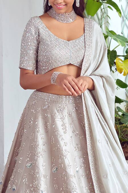 Mishru Grey Tulle, Chanderi Leaf Neck Lehenga Set at Aza Fashions Mishru_Grey Tulle, Chanderi Leaf Neck Lehenga Set_at_Aza_Fashions