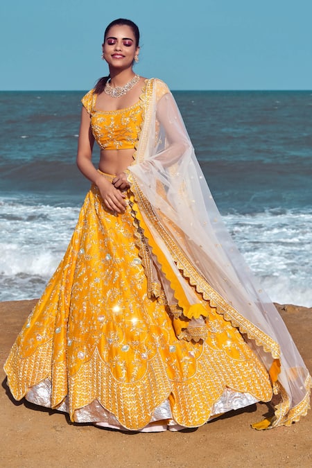 Yellow Color Swarovski Work Wedding Lehenga – Panache Haute Couture