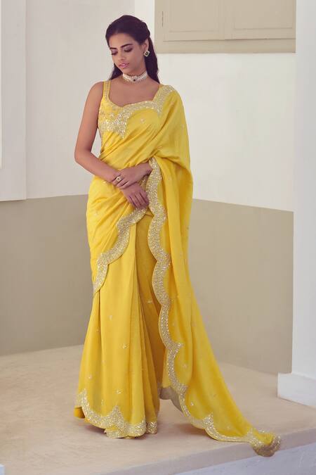Mishru_Yellow Chanderi V Neck Saree With Blouse _Online_at_Aza_Fashions