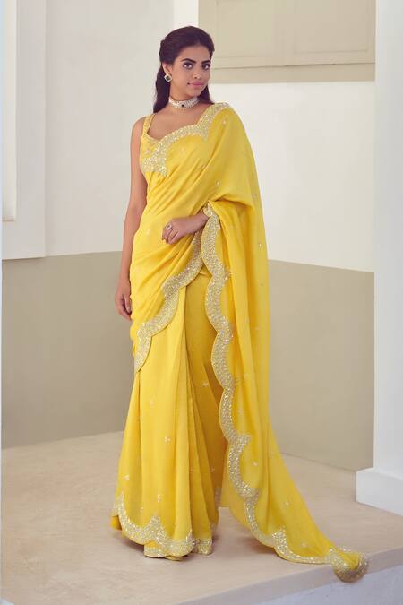 Shop_Mishru_Yellow Chanderi V Neck Saree With Blouse _at_Aza_Fashions