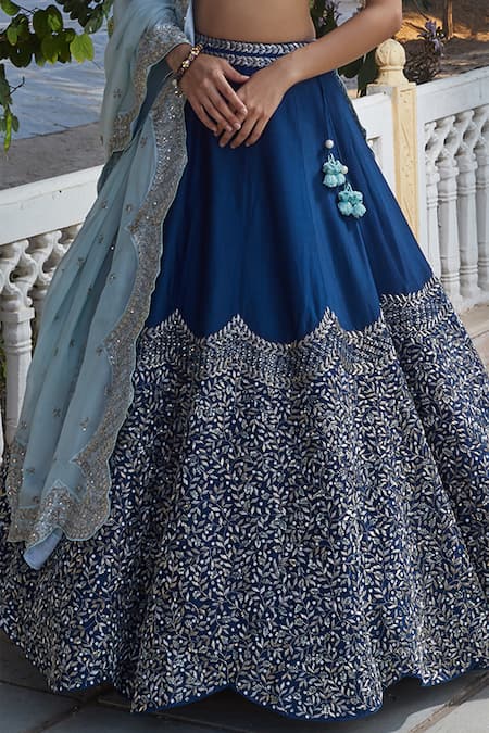 Mishru_Blue Dupatta Organza Leaf Neck Embroidered Bridal Lehenga Set_Online_at_Aza_Fashions