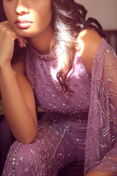 Mishru_Purple Tulle Halter Embroidered Crop Top And Sharara Set_Online_at_Aza_Fashions