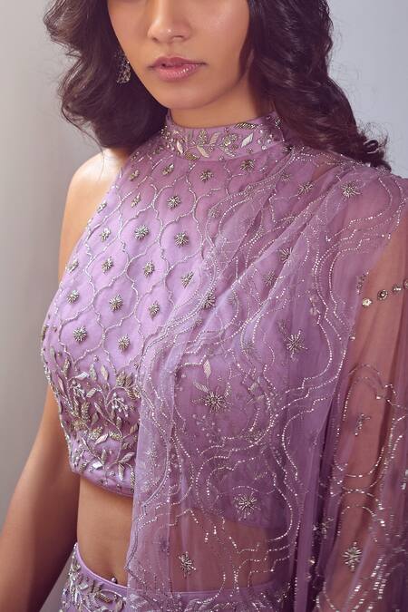 Buy_Mishru_Purple Tulle Halter Embroidered Crop Top And Sharara Set_Online_at_Aza_Fashions