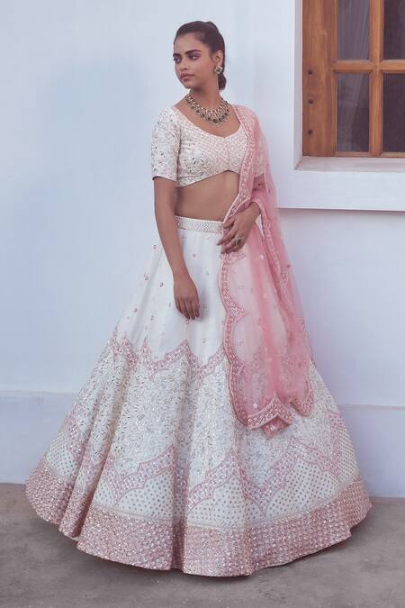 Shop Mishru White Raw Silk V Neck Embroidered Lehenga Set at Aza Fashions Shop_Mishru_White Raw Silk V Neck Embroidered Lehenga Set_at_Aza_Fashions