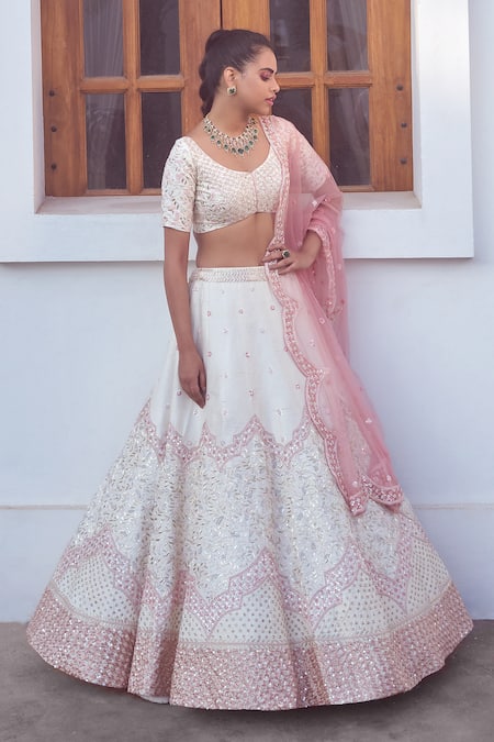 Mishru White Raw Silk V Neck Embroidered Lehenga Set 