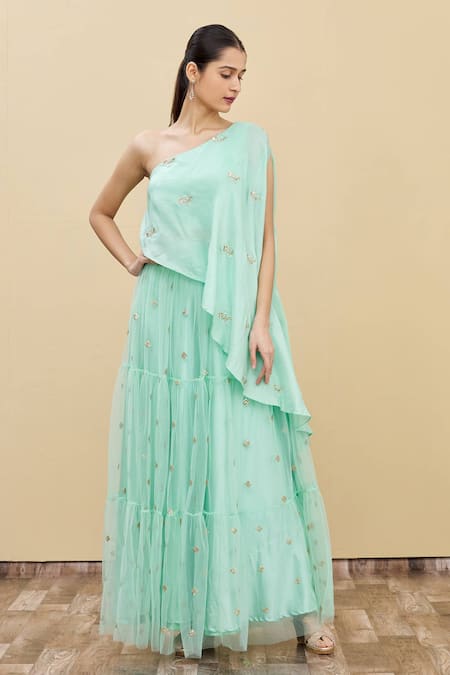 Khwaab by Sanjana Lakhani Mint Embroidery One Shoulder Cape-style Blouse And Lehenga Set 