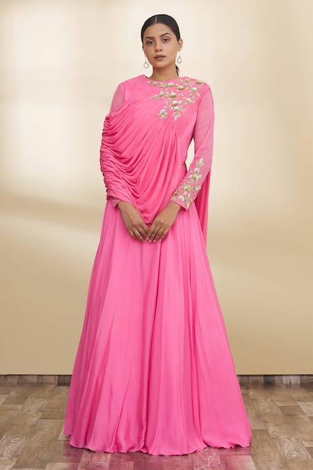 Khwaab by Sanjana Lakhani Pink Embroidery Round Draped Gown