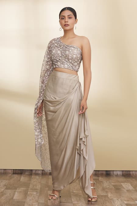 Khwaab by Sanjana Lakhani One Shoulder Blouse & Draped Skirt Set 