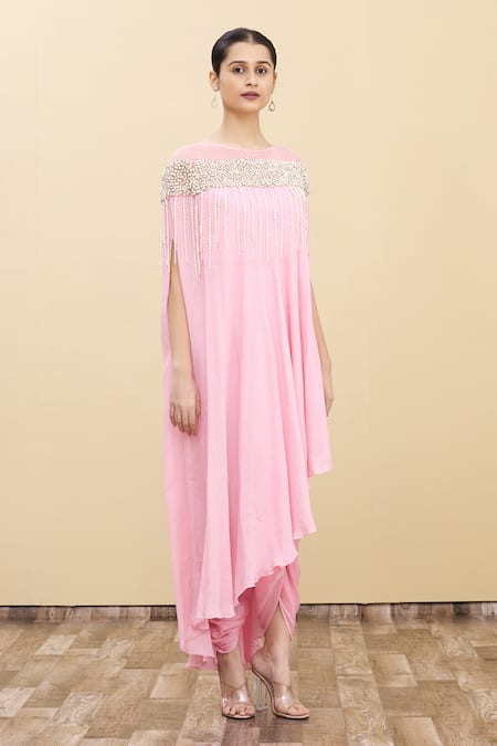 Samyukta Singhania_Pink Cotton Beads Boat Neck Asymmetric Kurta And Dhoti Pant Set_Online_at_Aza_Fashions