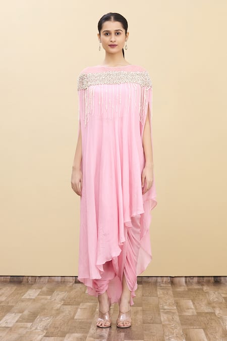 Buy_Samyukta Singhania_Pink Cotton Beads Boat Neck Asymmetric Kurta And Dhoti Pant Set_Online_at_Aza_Fashions