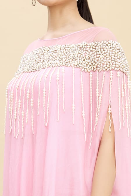 Samyukta Singhania_Pink Cotton Beads Boat Neck Asymmetric Kurta And Dhoti Pant Set_at_Aza_Fashions