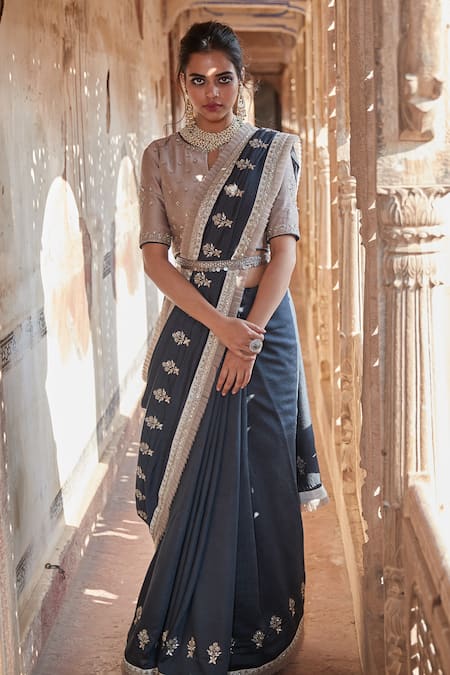 MATSYA Blue Chanderi Silk Embroidery Sequin And Thread Saree With Blouse  