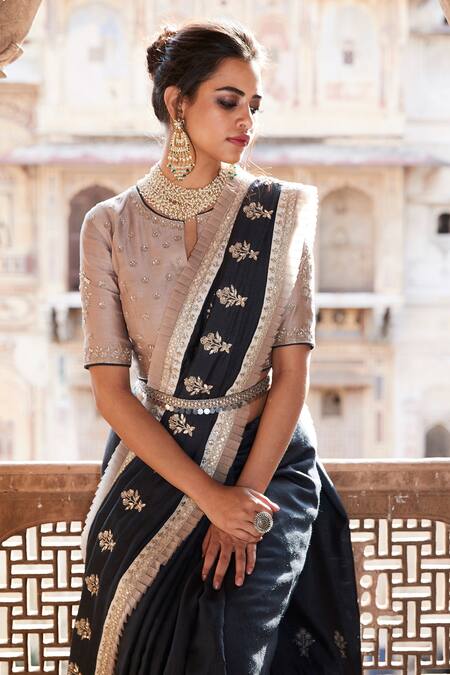 Shop Matsya Blue Chanderi Silk Embroidery Sequin And Thread Saree With Blouse at Aza Fashions Shop_Matsya_Blue Chanderi Silk Embroidery Sequin And Thread Saree With Blouse _at_Aza_Fashions