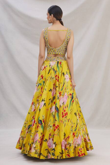 Shop_Mrunalini Rao_Yellow Floral Print Lehenga Set_at_Aza_Fashions