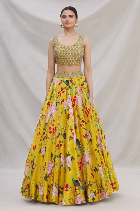 Buy_Mrunalini Rao_Yellow Floral Print Lehenga Set_Online_at_Aza_Fashions
