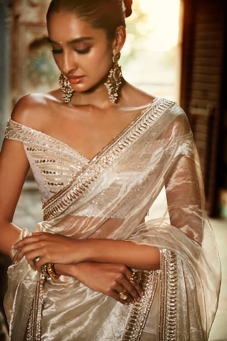 Matsya_Ivory Tissue Sweetheart Neck Saree With Winged Blouse _Online_at_Aza_Fashions