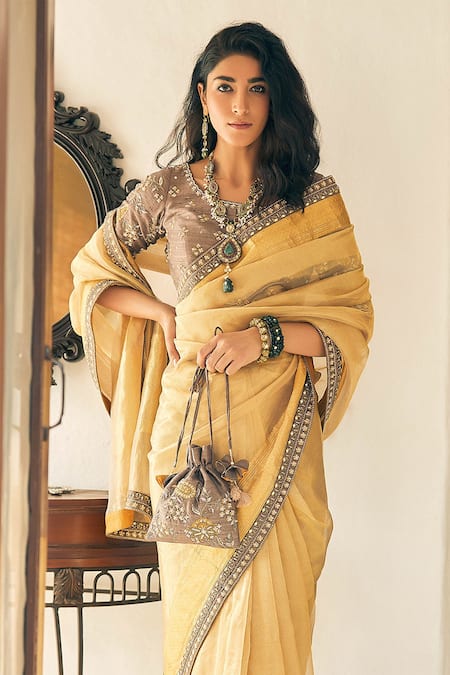Matsya_Gold Tissue, Chanderi Saree With Blouse _Online_at_Aza_Fashions