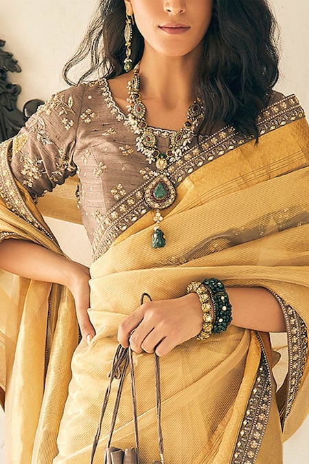 Shop_Matsya_Gold Tissue, Chanderi Saree With Blouse _Online_at_Aza_Fashions