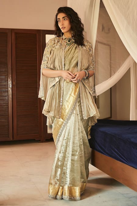 Buy Grey Embroidered Drape Saree With Long Jacket For Women Online