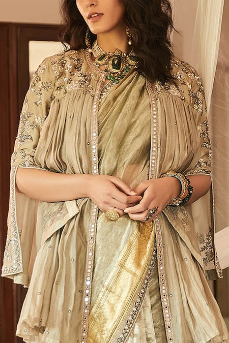 Buy_Matsya_Green Tissue Embroidered Saree And Jacket Set _Online_at_Aza_Fashions