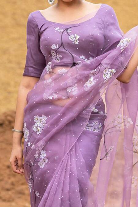 Shop_Muksweta_Purple Organza Silk Hand Painted Floral Saree  _at_Aza_Fashions