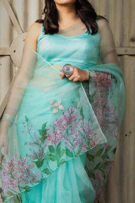 Muksweta Organza Silk Satin Hand Painted Saree 