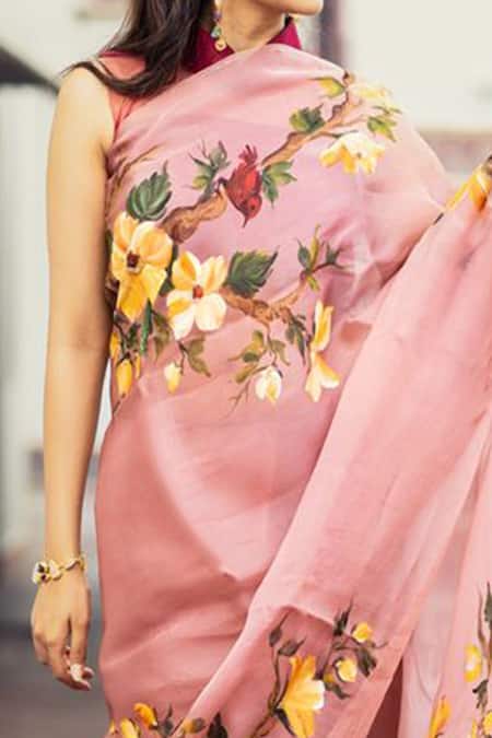 Muksweta Organza Silk Satin Hand Painted Saree 