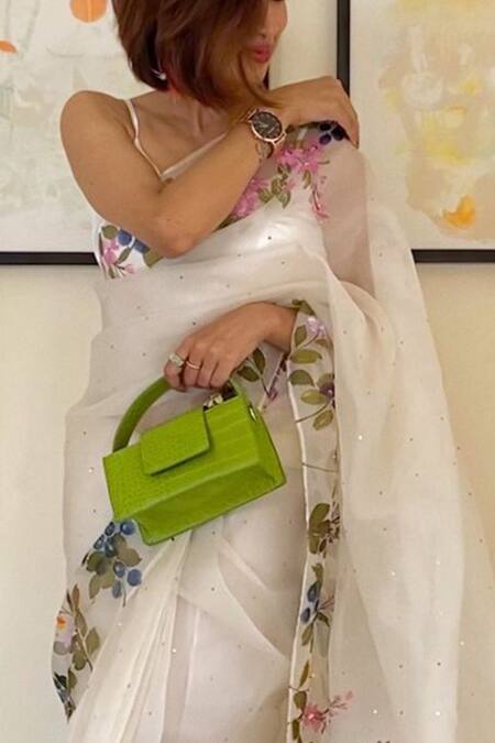 Shop_Muksweta_White Organza Silk Floral, Pearl, Bead And Sequin Hand Painted Saree _at_Aza_Fashions