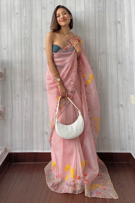 Muksweta Pink Organza Silk Hand Painted Floral Saree  