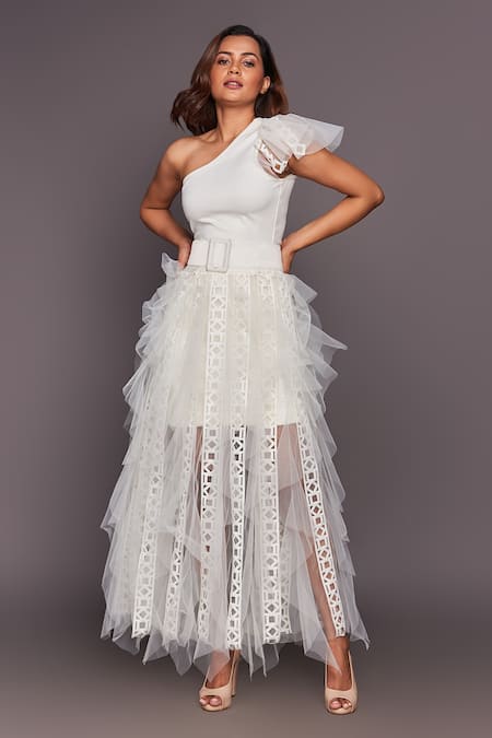 Deepika Arora_White One Shoulder Ruffle Gown_Online_at_Aza_Fashions