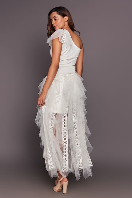 Buy_Deepika Arora_White One Shoulder Ruffle Gown_Online_at_Aza_Fashions