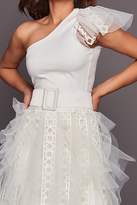 Shop_Deepika Arora_White One Shoulder Ruffle Gown_Online_at_Aza_Fashions