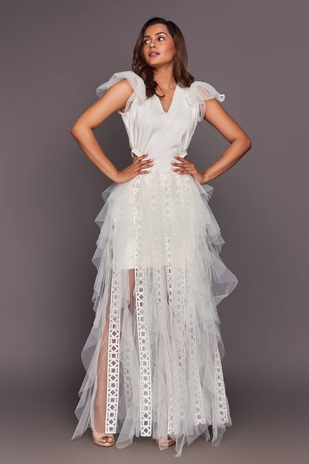 One Shoulder Floor Length Maxi High Slit Backless Women White Wedding Prom  Dress - Karanube