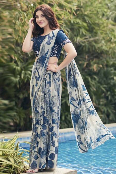Mishru Blue Georgette Printed Pant Saree With Blouse