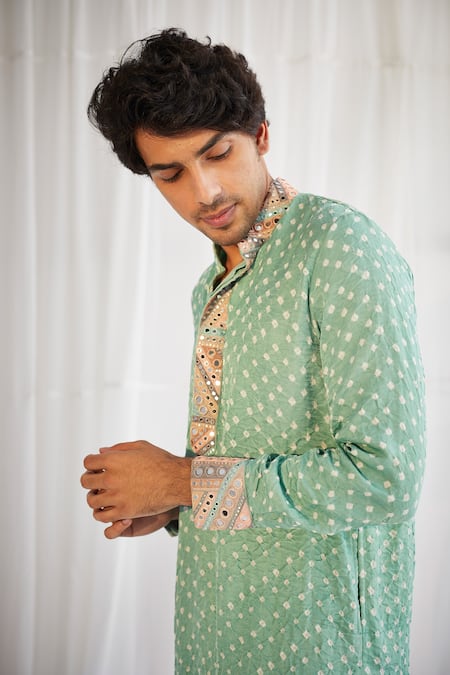 Twenty Nine_Green Gajji Silk Print And Embroidery Bandhani Kurta Set _Online_at_Aza_Fashions