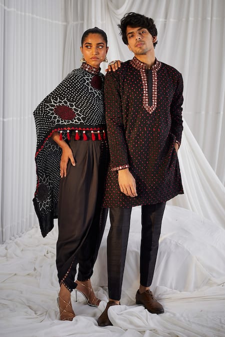 Twenty Nine_Black Gajji Silk Dori, Mirror, Bandhani Print Kurta Set _Online_at_Aza_Fashions