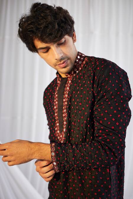 Buy_Twenty Nine_Black Gajji Silk Dori, Mirror, Bandhani Print Kurta Set _Online_at_Aza_Fashions