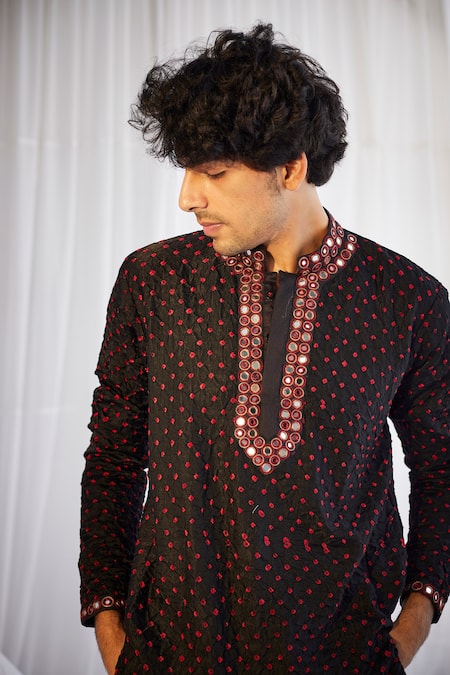 Shop_Twenty Nine_Black Gajji Silk Dori, Mirror, Bandhani Print Kurta Set _Online_at_Aza_Fashions