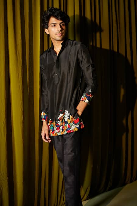 Twenty Nine_Black Cotton Silk Art Deco Kurta Set _Online_at_Aza_Fashions